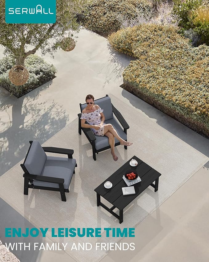 SERWALL HDPE Outdoor Couch Set of 2, Black Frame and Grey Cushion