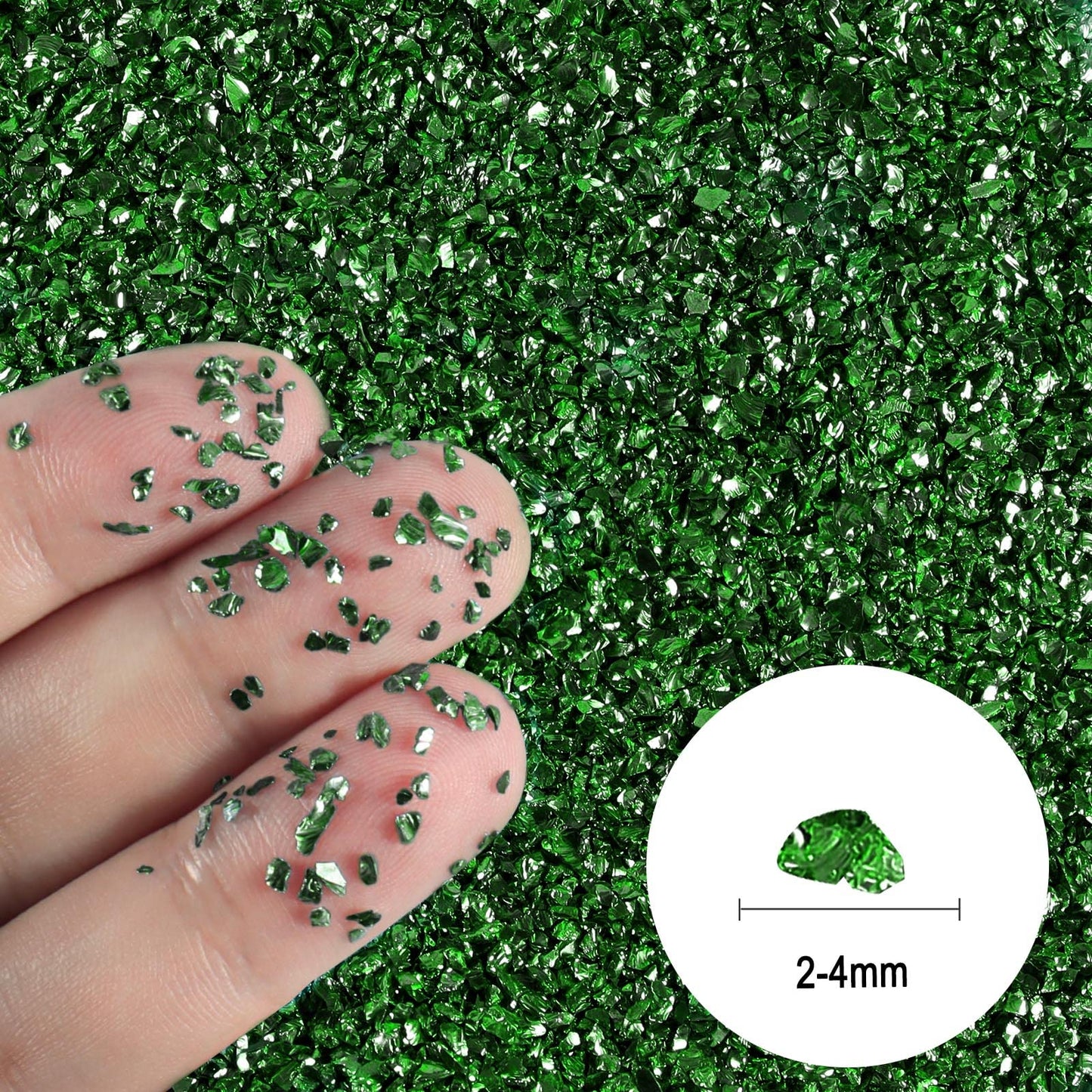 Ceya 5.3oz/ 150g Crushed Irregular Glass Grass Green Metallic Crystal Chips Broken Glass Glitter 2-4mm Craft Chunky Glitter for Nails Art Epoxy Resin Mold Coasters Ornament Painting Geode Phone Case