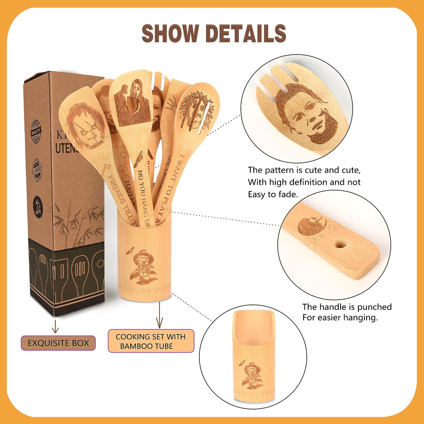 Halloween Bamboo Spoons Set of 7 - Engraved Spooky Wooden Utensils with Holder, Kitchen Decor Gift for Halloween Party Christmas