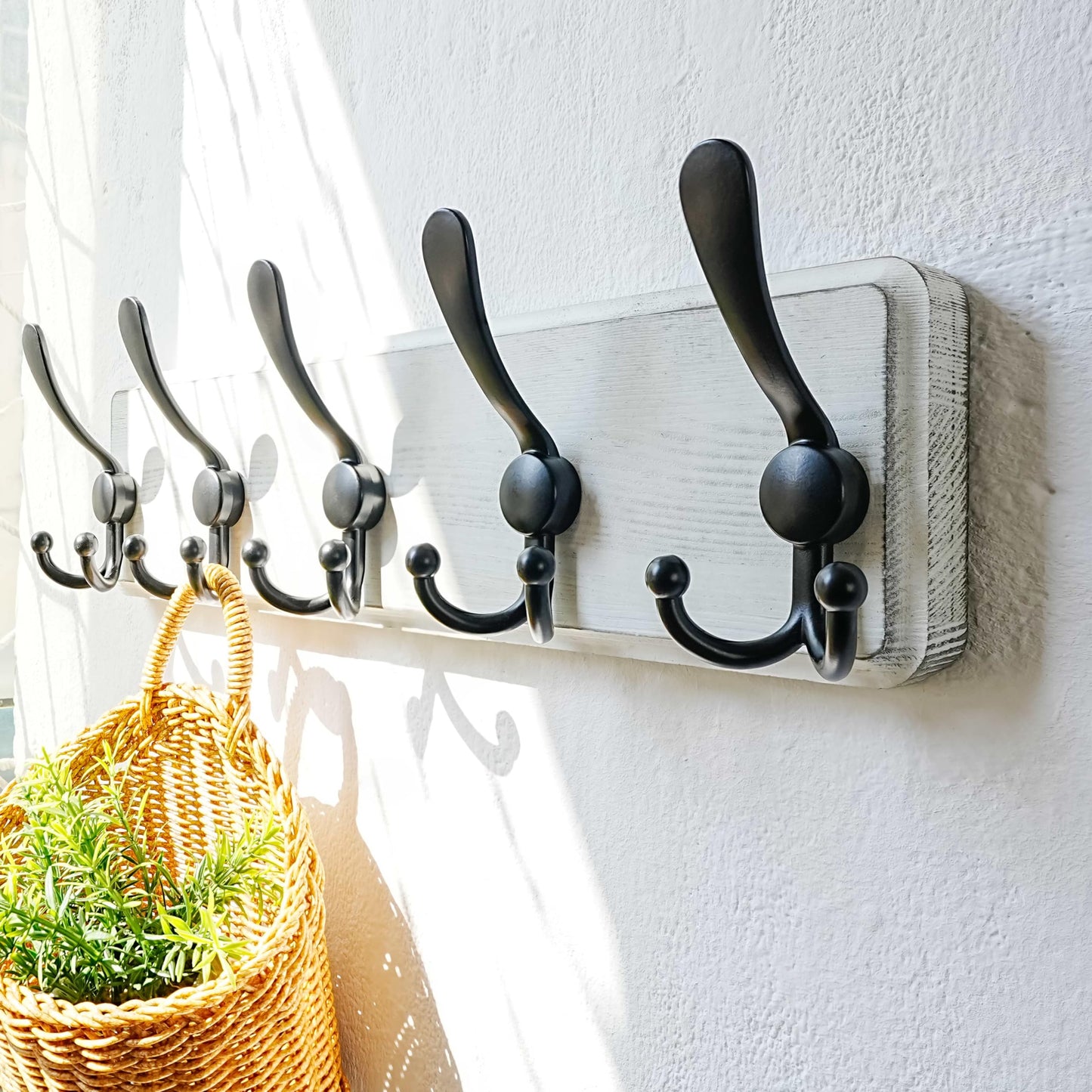 Dseap Coat Rack Wall Mounted - 5 Tri Hooks, Heavy Duty, Wooden Wall Coat Hanger Coat Hook for Clothes Hat Jacket Clothing, White & Black