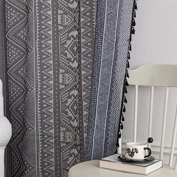Black Geometric Sheer Curtains 102 inch Long, Fringed Edges and Textured Semi Sheer Curtains Large Window Treatments for Living Room/Bedroom, 2 Panels