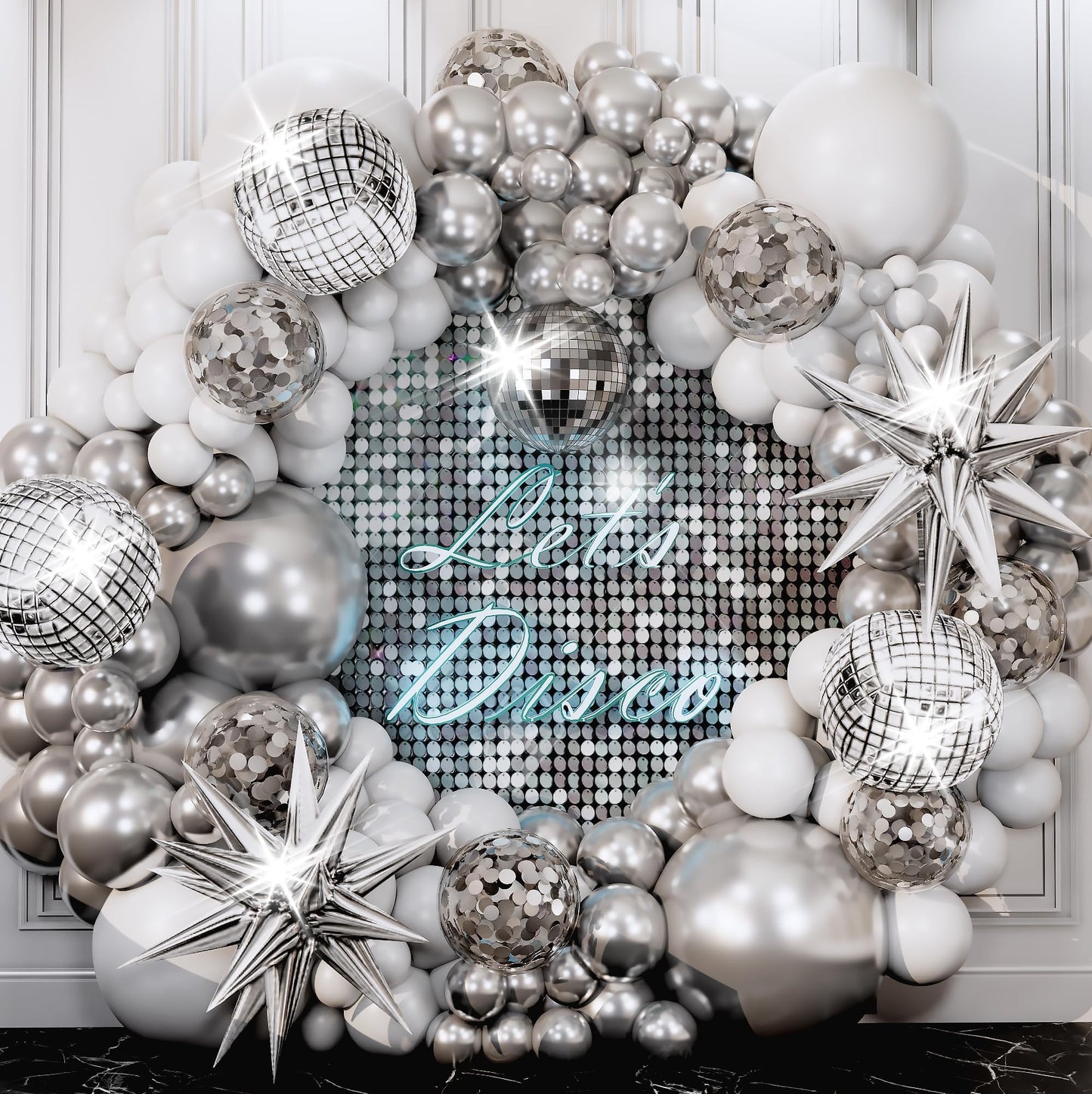 ALL-IN-1 Disco Balloon Arch Kit with BONUS Disco Ball Balloon for Party Decorations - Silver & White Balloons Garland for Disco Ball Party Decoration & Silver Party Decorations -Disco Balloons