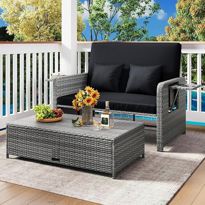 HAPPYGRILL Patio Rattan Wicker Daybed with Loveseat & Storage Ottoman, Outdoor Lounge Sofa Furniture Set with Adjustable Backrest & Side Trays, for Poolside Deck Porch Lawn (Mix Grey & Black)