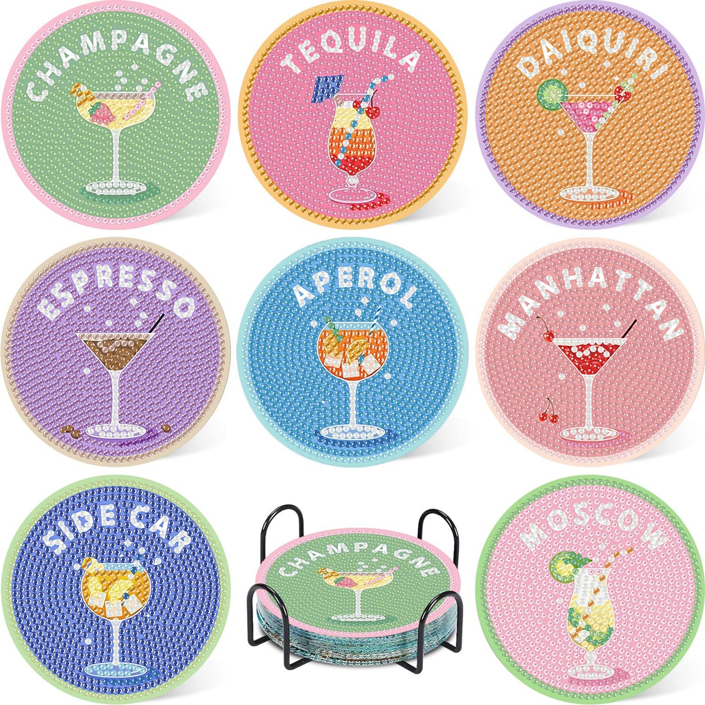 8 Pcs Cocktail Diamond Art Coasters Kit for Adults, Cocktail Diamond Painting Coasters with Holder, 5D Gem Art DIY Crafts Diamond Dots for Gift Life