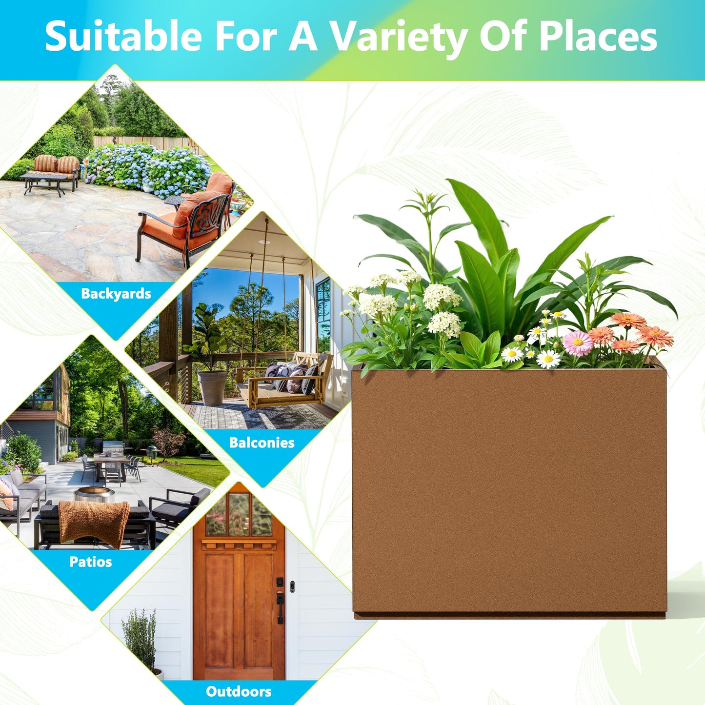 FENCY Metal Planter Box, Large Rectangular Planters for Outdoor Plants, Outdoor Tall Planters with Drainage Holes, Brown Metal Planters (30" L x 12" W x 24" H)