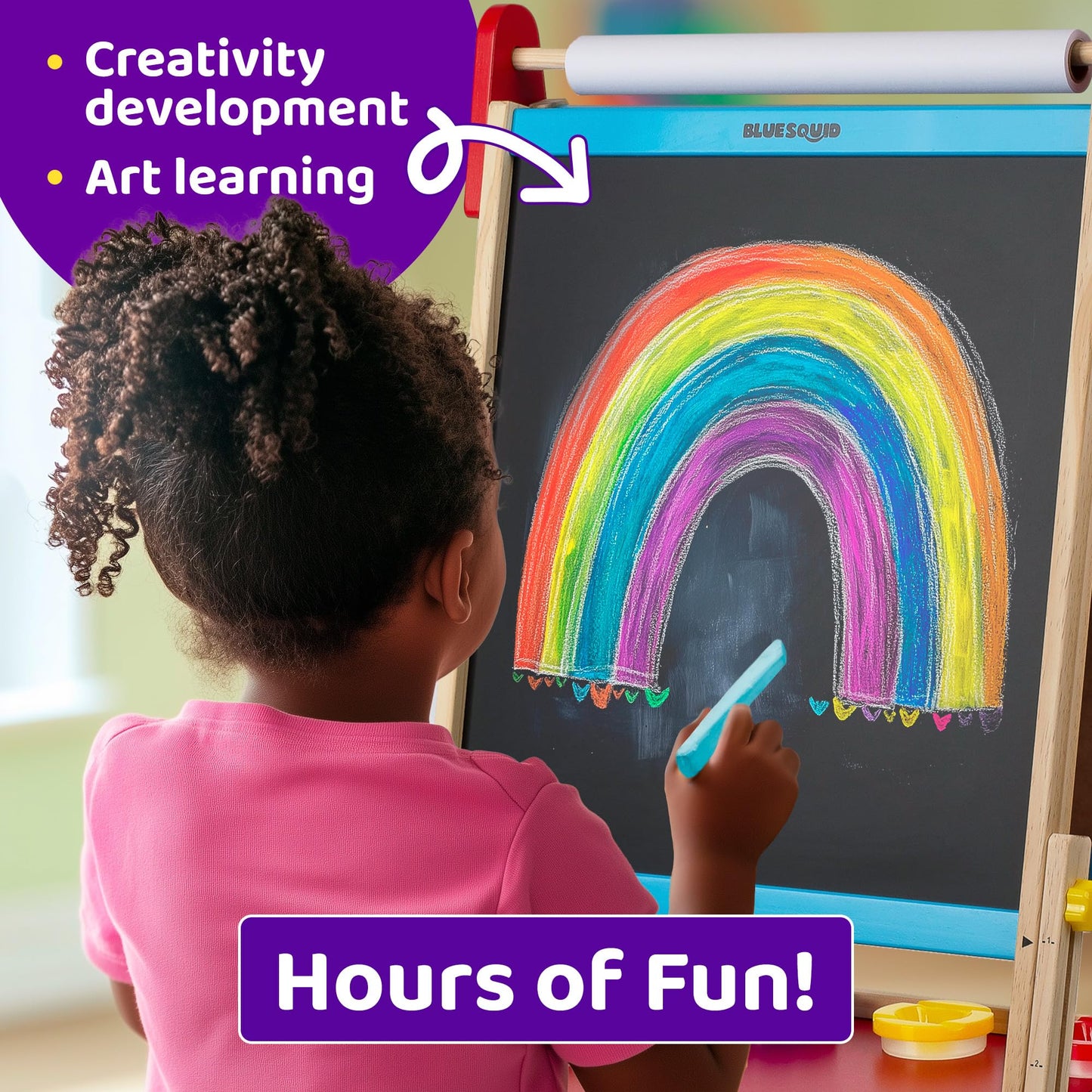 Blue Squid Art Easel for Kids with Paper Roll x 3, Includes 100+ Accessories, Double Sided Adjustable Wooden Painting Easel with Magnetic Chalk Board, White Board for Toddlers Ages 3,4,5,6,7,8,9,10,12