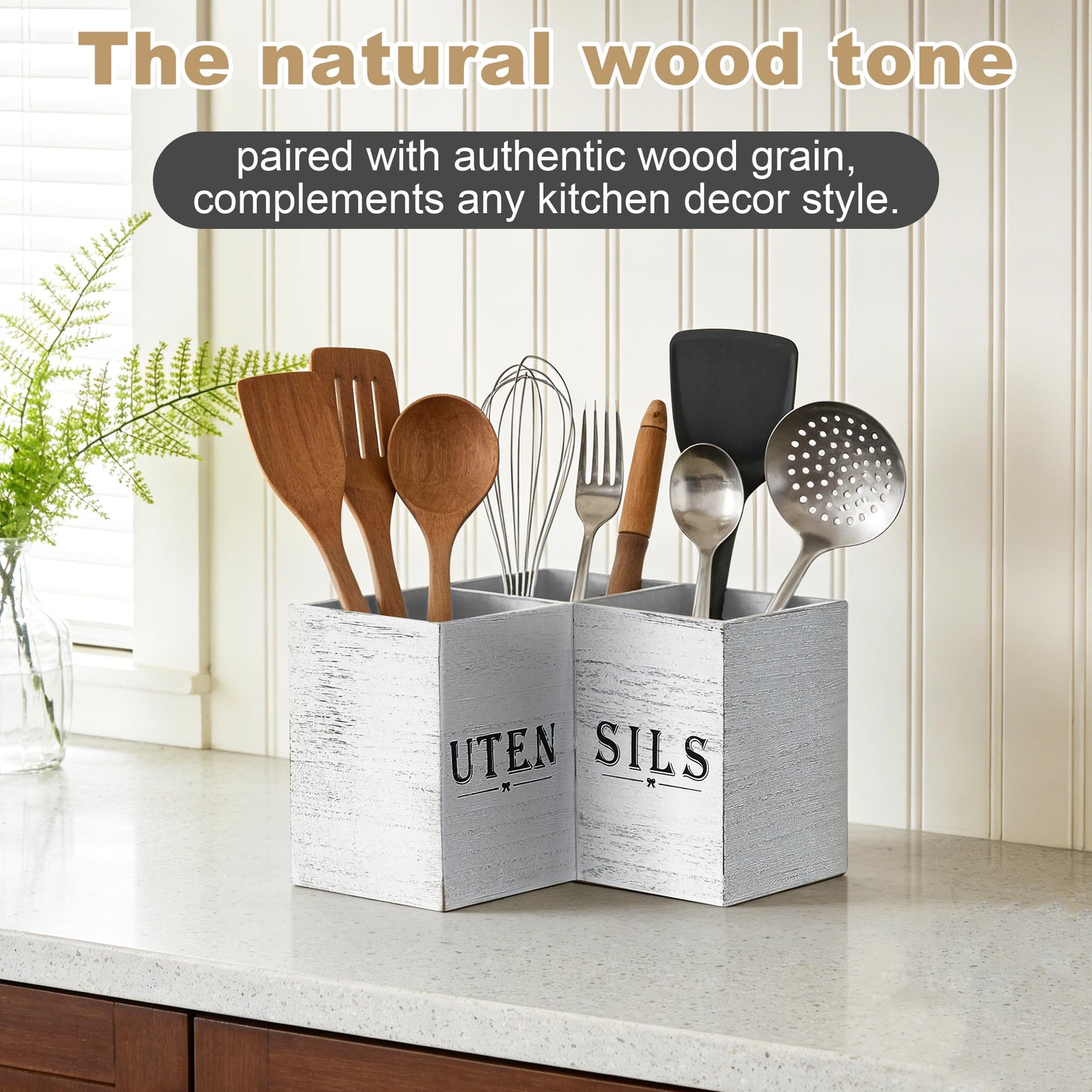DTXIAQIAO Extra Large Kitchen Utensil Holder for Countertop, Three Compartment Wooden Utensil Holder Farmhouse Decor Perfect for Storing Spatulas and Cooking Tools