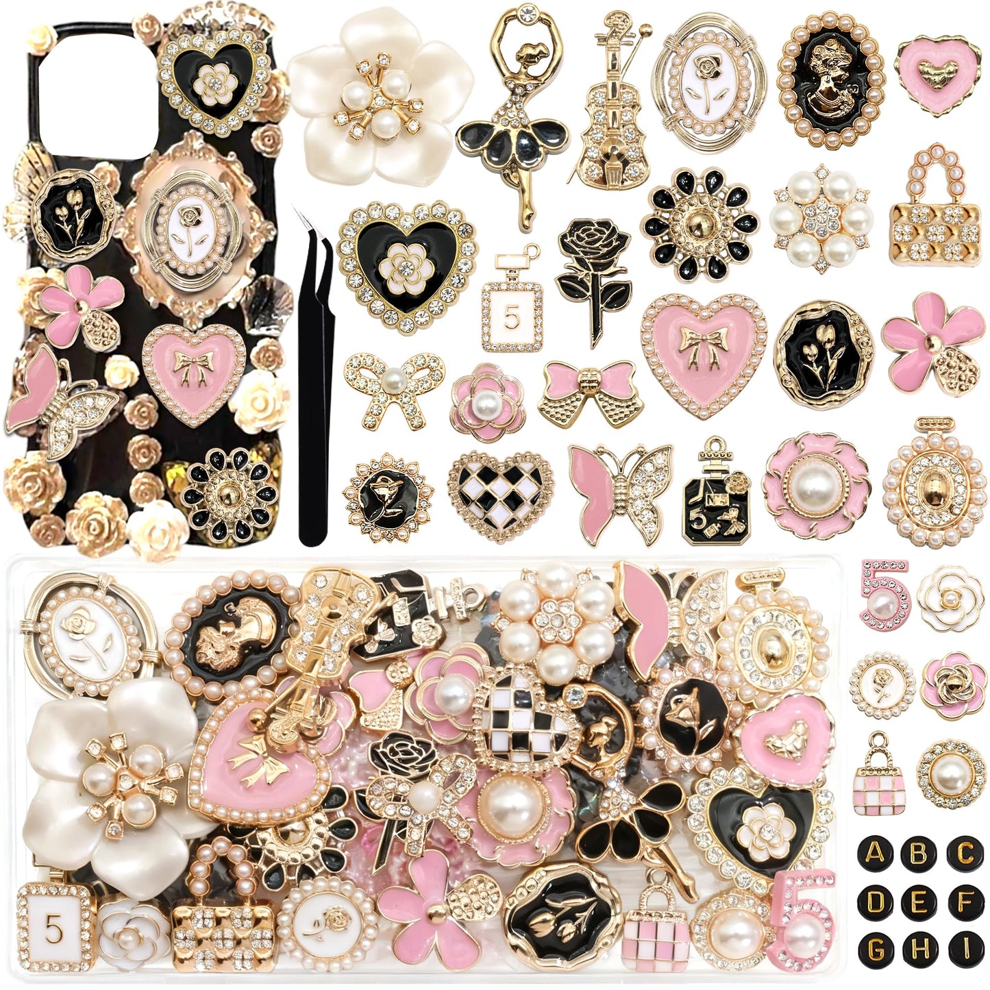 BELICEY Junk Case Charms Kit Gold Pink Flower Big Charm for Junk Cases 3D Vintage Bow Heart Rose Phone Case Charms Flatback Butterfly for DIY Personalization