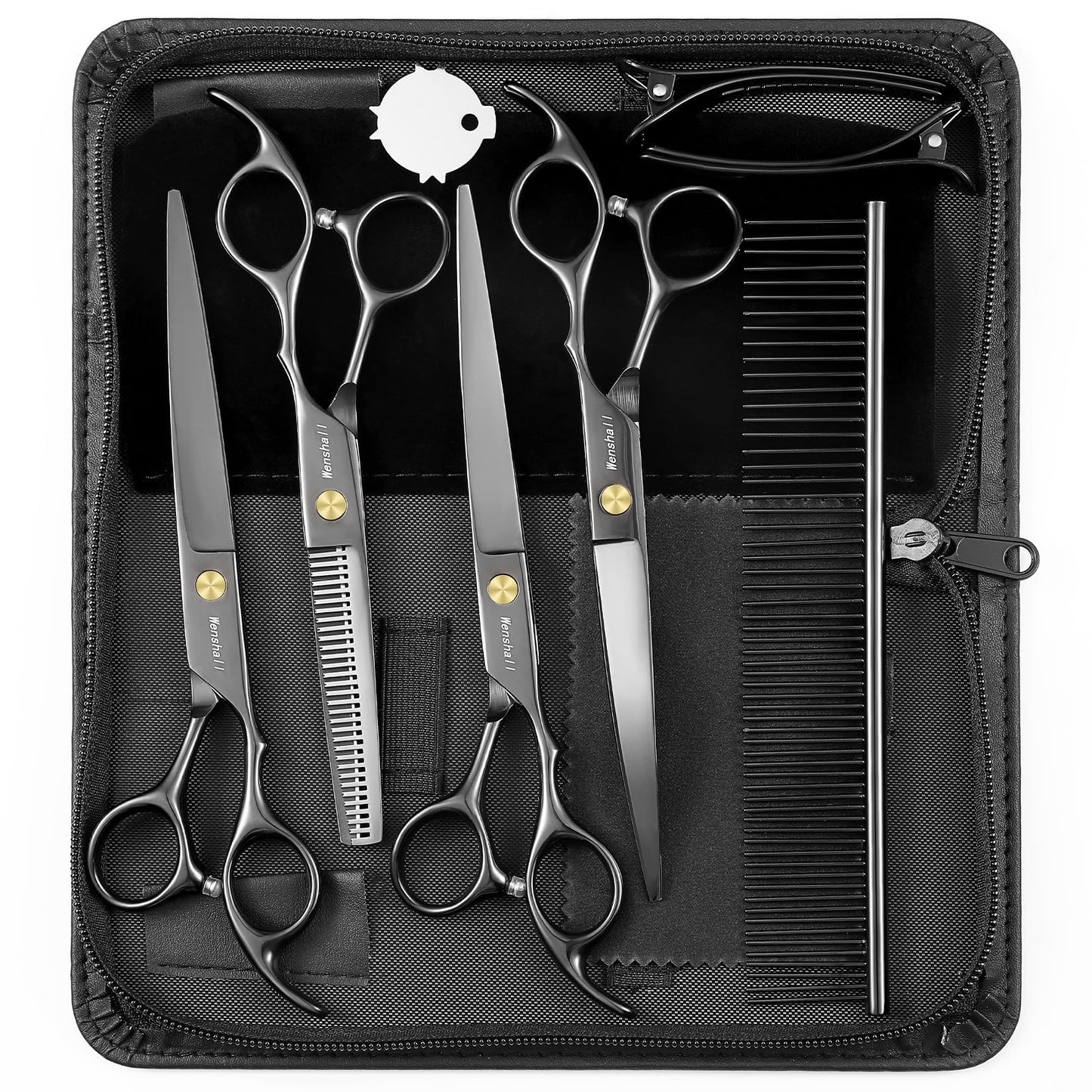 Wenshall Professional Dog Grooming Scissors Set - 6.5" Thinning, 7" Straight, 7" Up-Curved, 7" Down-curved Scissors and Comb for Dog Cat Pet (Black)