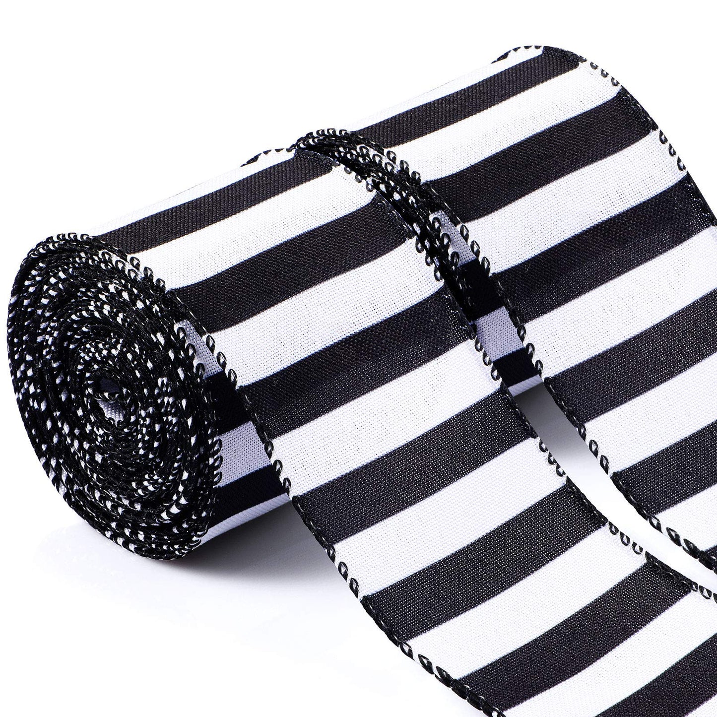 Chuangdi 2 Rolls 20 Yards 2.5 Inch Black and White Wired Ribbon Stripe Burlap Wired Ribbon for Gift Wrapping Craft Wreath Bows Fall Christmas Decor