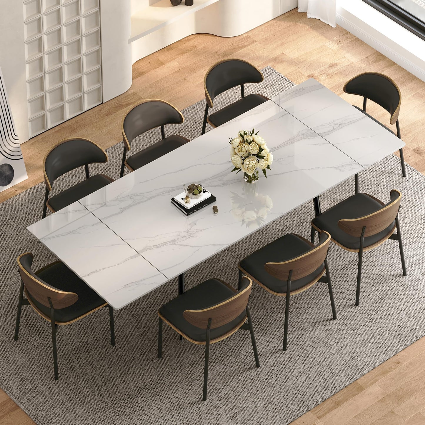 62.9"–94.4" Extendable Sintered Stone Dining Table for 6–10, Modern White Rectangular Kitchen Table with Stainless Steel Legs, Heat & Scratch Resistant, for Indoor & Outdoor Use