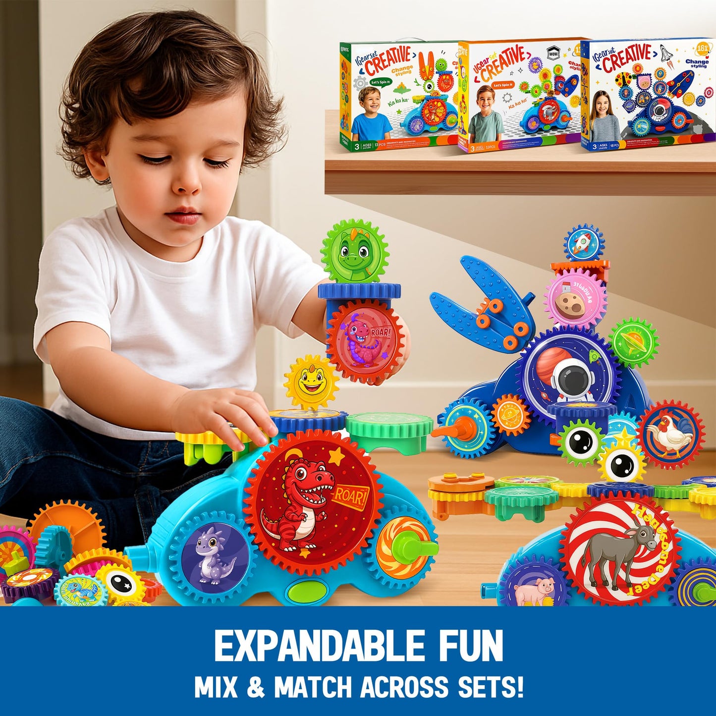 ROHSCE Motorized Gear Building Blocks Toys, Electric Dinosaur Spinning Set Ages 3-6, STEM Construction Kit, Fine Motor Cause-Effect Gift for Boys Girls
