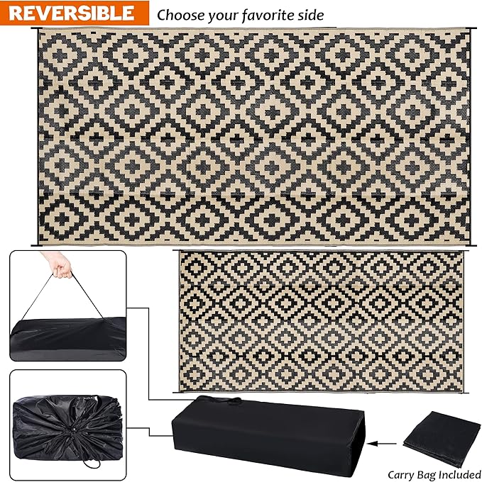 SAND MINE Waterproof Outdoor Rug 9x18 ft, Plastic Reversible Rug, Modern Area Rug, Large Floor Mat for Outdoors, RV, Patio, Backyard, Deck, Picnic, Beach, Camping, Black & Beige