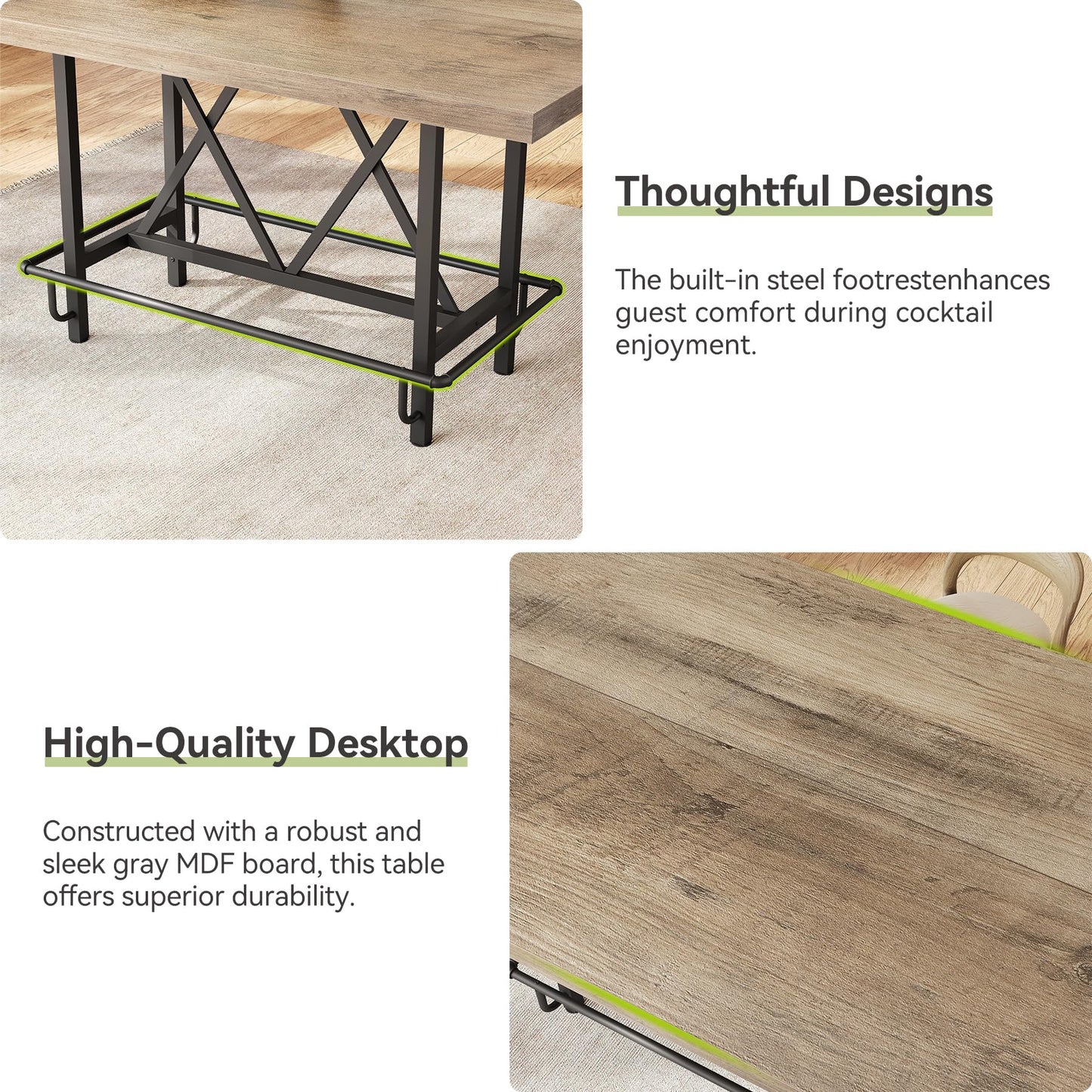 LITTLE TREE 63-Inch Industrial Bar Table with Metal Footrest, Counter Height Pub Table for Kitchen, Home Bar & Entertaining (Rustic Gray)