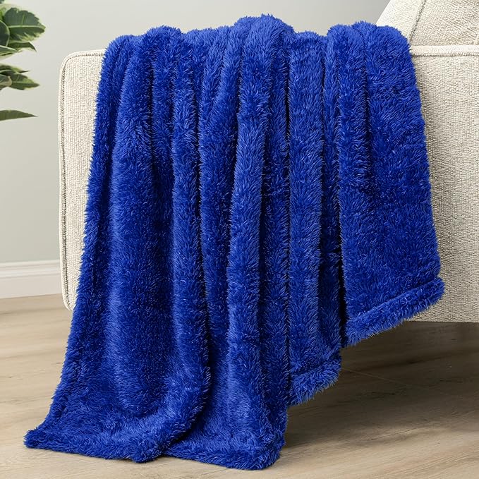 PAVILIA Sherpa Throw Blanket for Couch Sofa, Blue Fluffy Warm Plush Blanket for Bed, Cozy Super Soft Lightweight Throw, Fuzzy Decorative Blanket, All Season Home, 50x60
