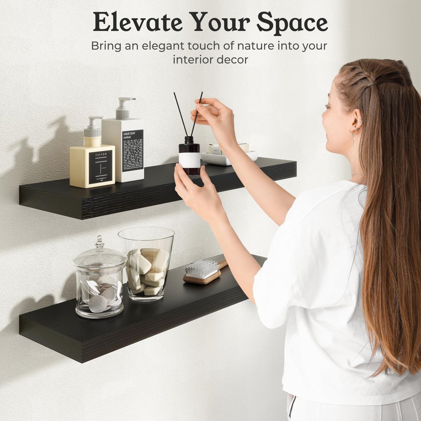 Ornawit Floating Shelves for Wall, 9.3" Deep Wall Mounted Wood Shelves for Bathroom, Bedroom, Living Room, Kitchen, Hanging Shelf for Books/Storage/Room Decor (Black, 24")