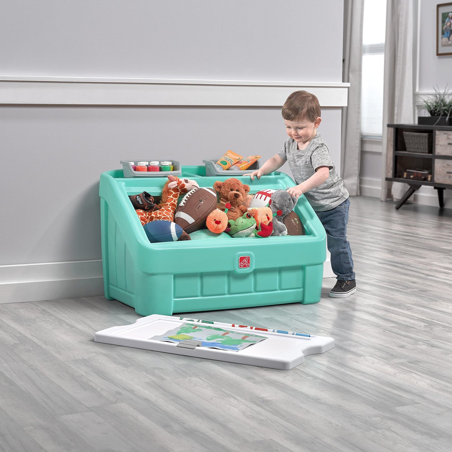 Step2 2-in-1 Toy Box & Art Lid, Kids Toy Storage Bin & Organizer, Easel & Chest in One, Made of Durable Plastic, For Toddlers 2+ Years Old, Mint