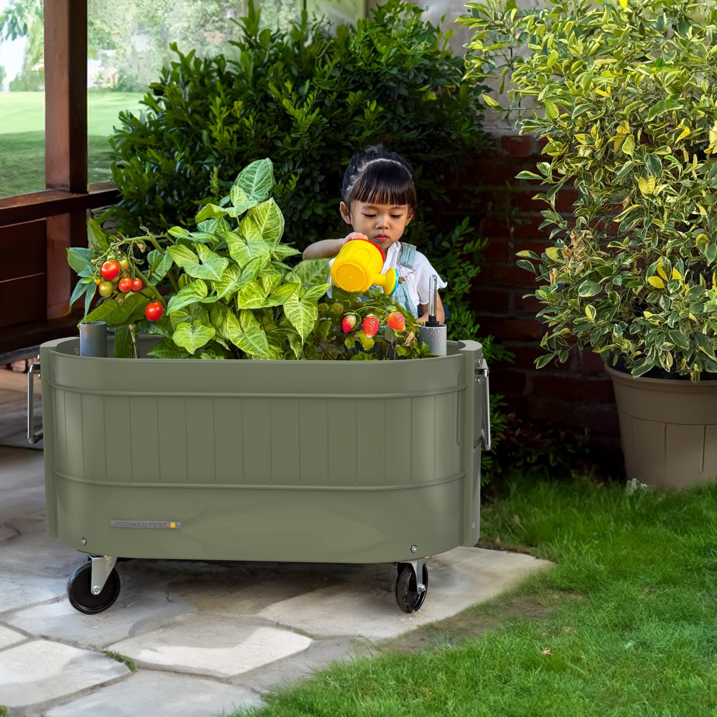 Permasteel Self-Watering Garden Bed, Rolling Planter for Vegetables, Flowers, Herbs, and Fruit, Outdoor Indoor, Caster Wheels, Army Green