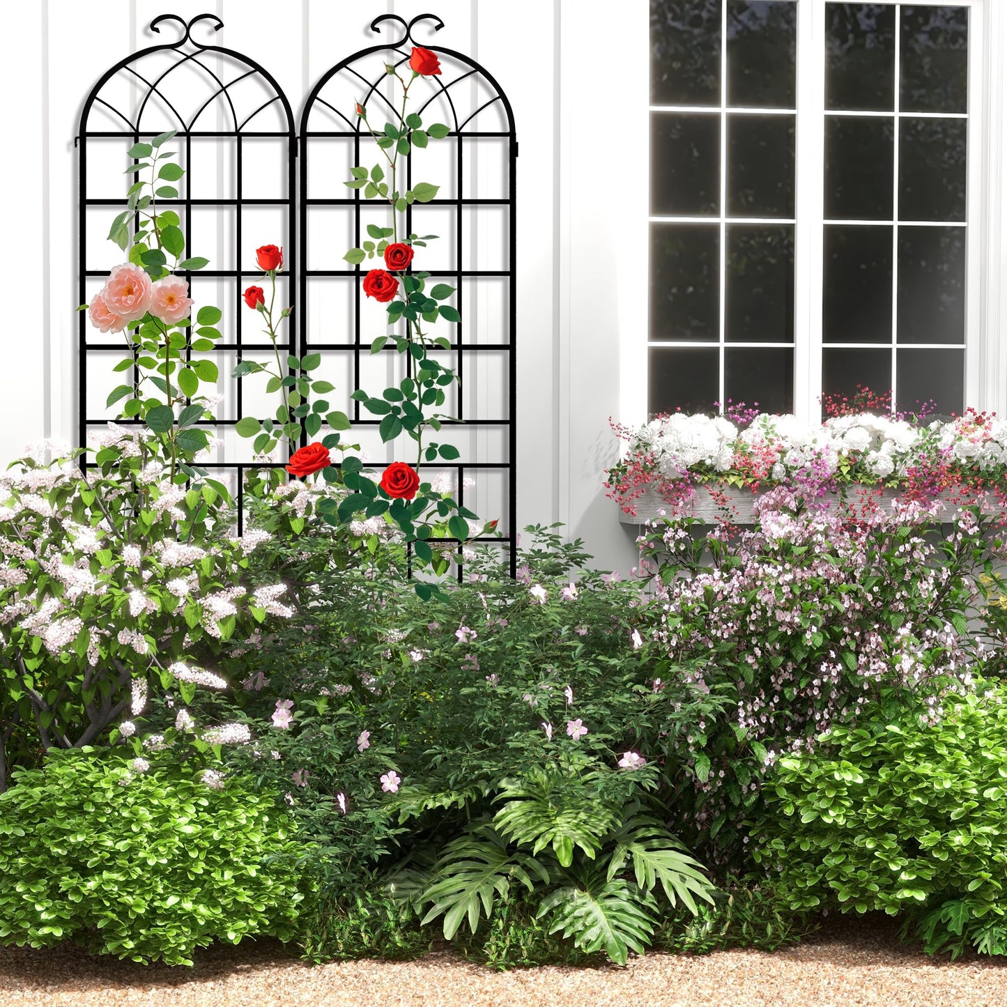 LZRS 2 Pack 83x20in Rustic Iron Arch Decoration Garden Trellis with Black Metal Coating – Perfect for Supporting Climbing Plants Outdoor, Roses, Vines, Flowers, and Vegetables.