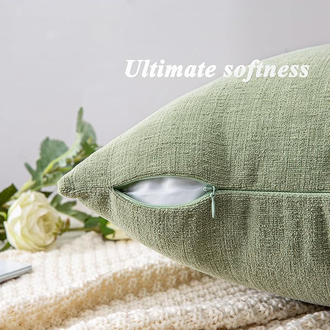 GAWAMAY Decorative Chenille Throw Pillow Covers 24x24 Inch Pack of 2, Soft Square Couch Pillow Cover for Sofa Cushion Living Room Bedroom Solid Dyed Pillowcases Sage Green 60x60cm (ONLY Covers)