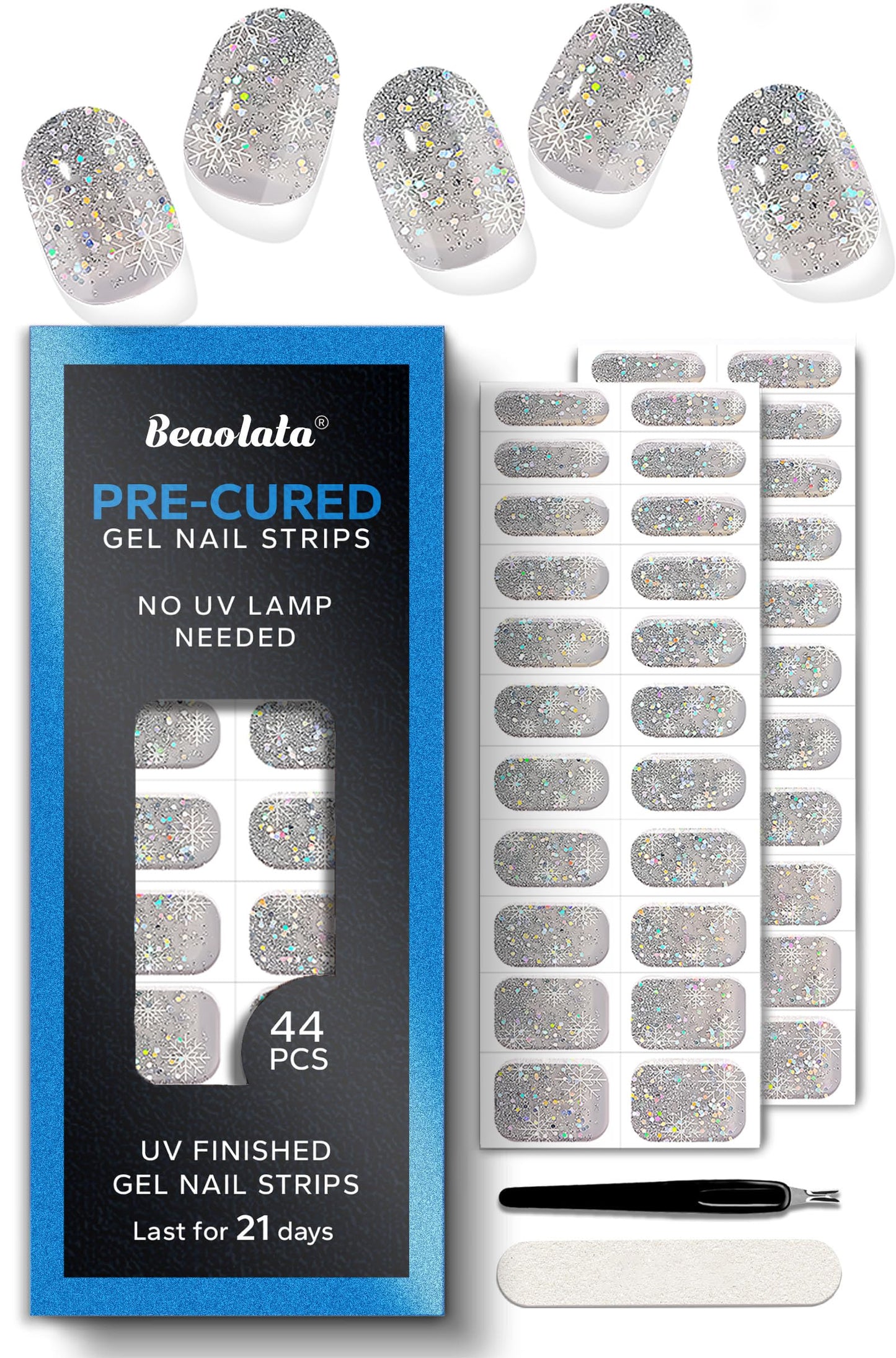 Beaolata Real Gel Nail Strips (No UV Light Needed) - 44Pcs Salon Quality Nail Stickers - Long Lasting Polish Wraps for Women, Easy Apply & Remove (Frosted Sparkle Sliver)