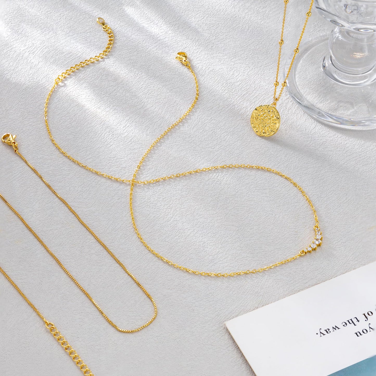 CHESKY 14K Gold Plated Layered Necklaces for Women,Dainty Stackable CZ Bar Disc Pendant Necklace Adjustable Layering Beads Box Chain Choker Necklace Gifts
