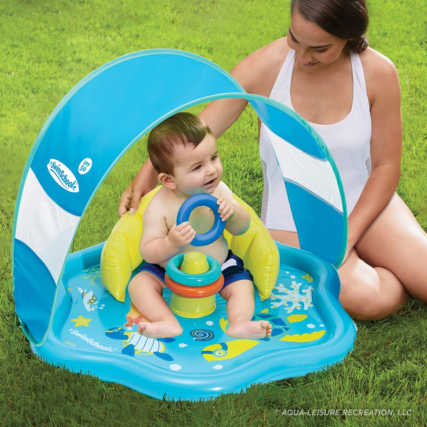 SwimSchool Baby Splash Play Mat with Adjustable Canopy – Inflatable Play Pool for Babies & Infants with Backrest – Includes Baby Water Toy Rings – Seafoam Blue Lemon