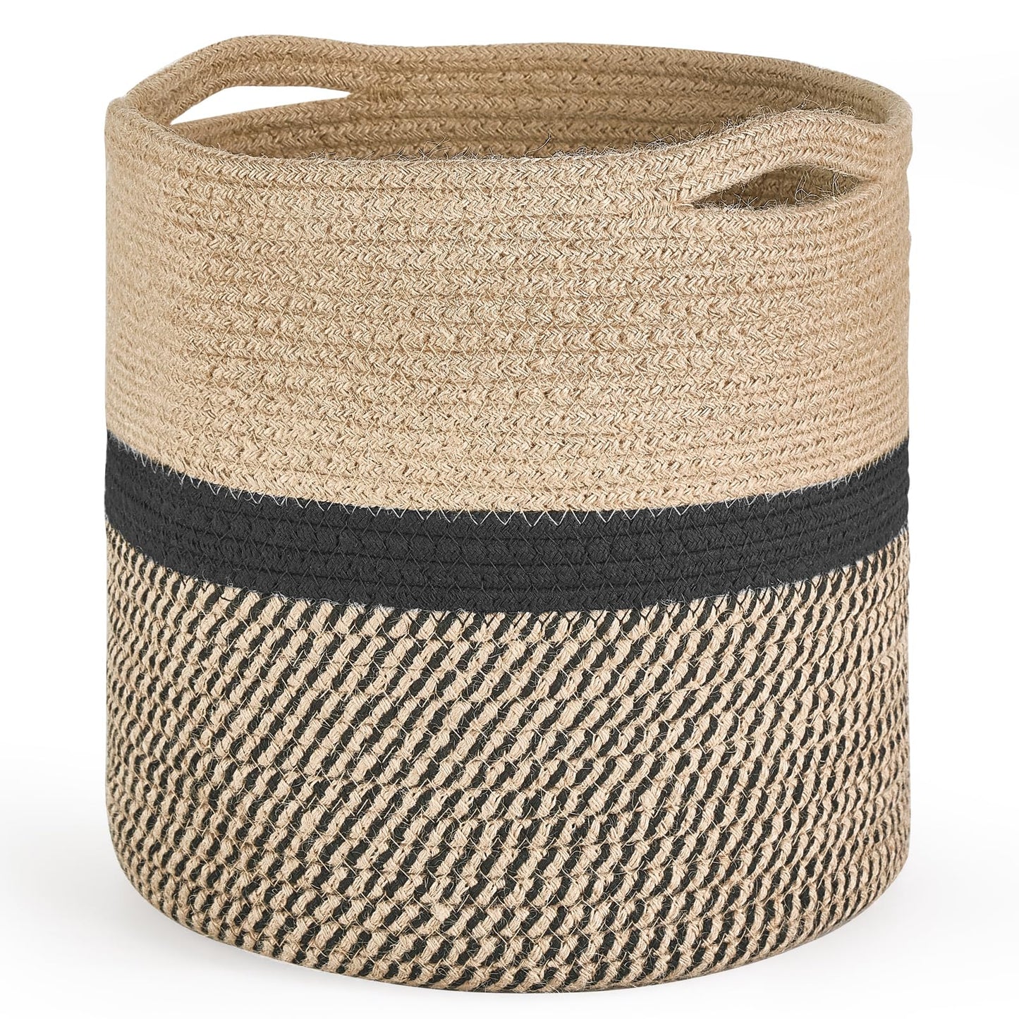 Dahey Jute Rope Plant Basket Modern Woven Storage Basket for 10.5" Indoor Planter, Decorative Flower Pots Cover Laundry Bin with Handle Rustic Home Decor, Black