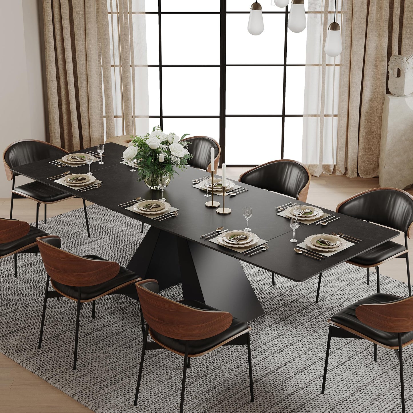 FHKJ Modern Expandable Dining Table- 63" to 94.5" Extendable Dining Room Table, Gray Sintered Stone Top with Black Metal Base - Seats 6-12, Easy Assembly (Table Only)