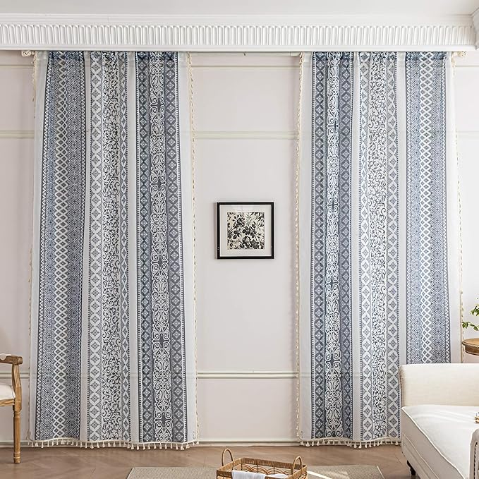 Black Totem Sheer Curtains 102 inch Long, Fringed Edges and Textured Semi Sheer Curtains Large Window Treatments for Living Room/Bedroom, 2 Panels