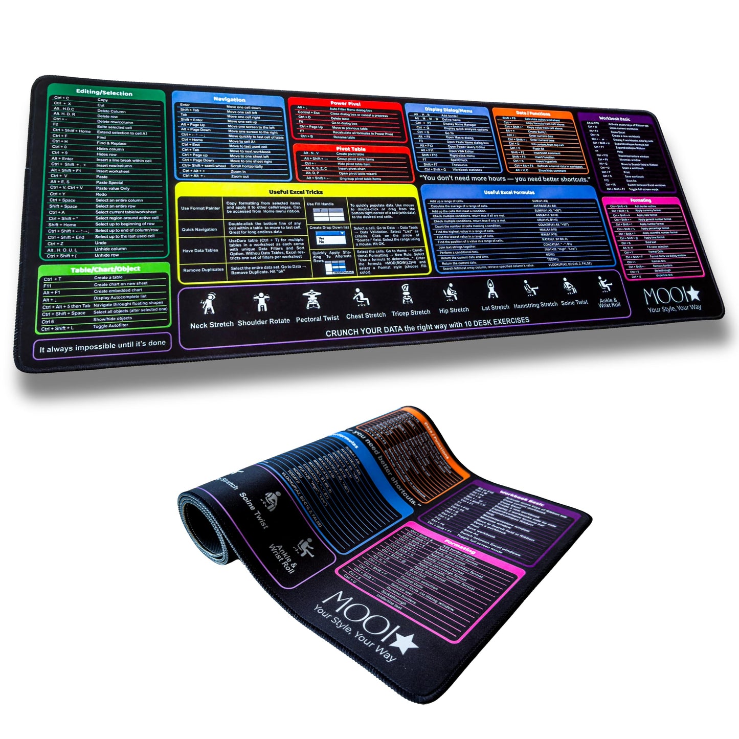 Excel Shortcuts Desk Mat XL 31.5x11.8 – 130+ Keyboard Shortcut Cheat Sheet Mouse Pad – Waterproof Non-Slip Desk Pad – Productivity Gift for Excel Users