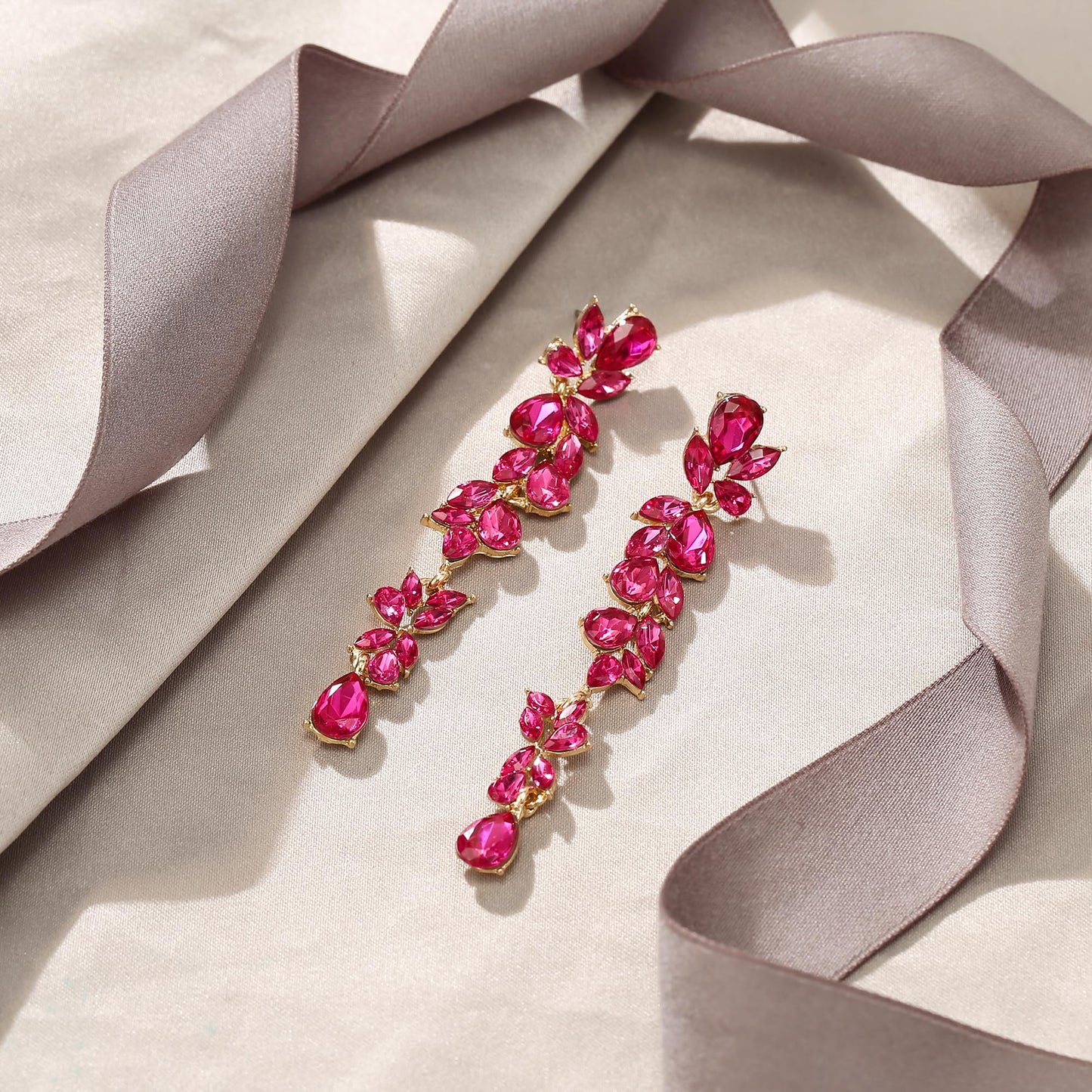 EVER FAITH Wedding Rhinestone Chandelier Dangle Earring for Women, Crystal Art Deco Bridal Teardrop Marquise Long Drop Earrings for Prom Hot Pink