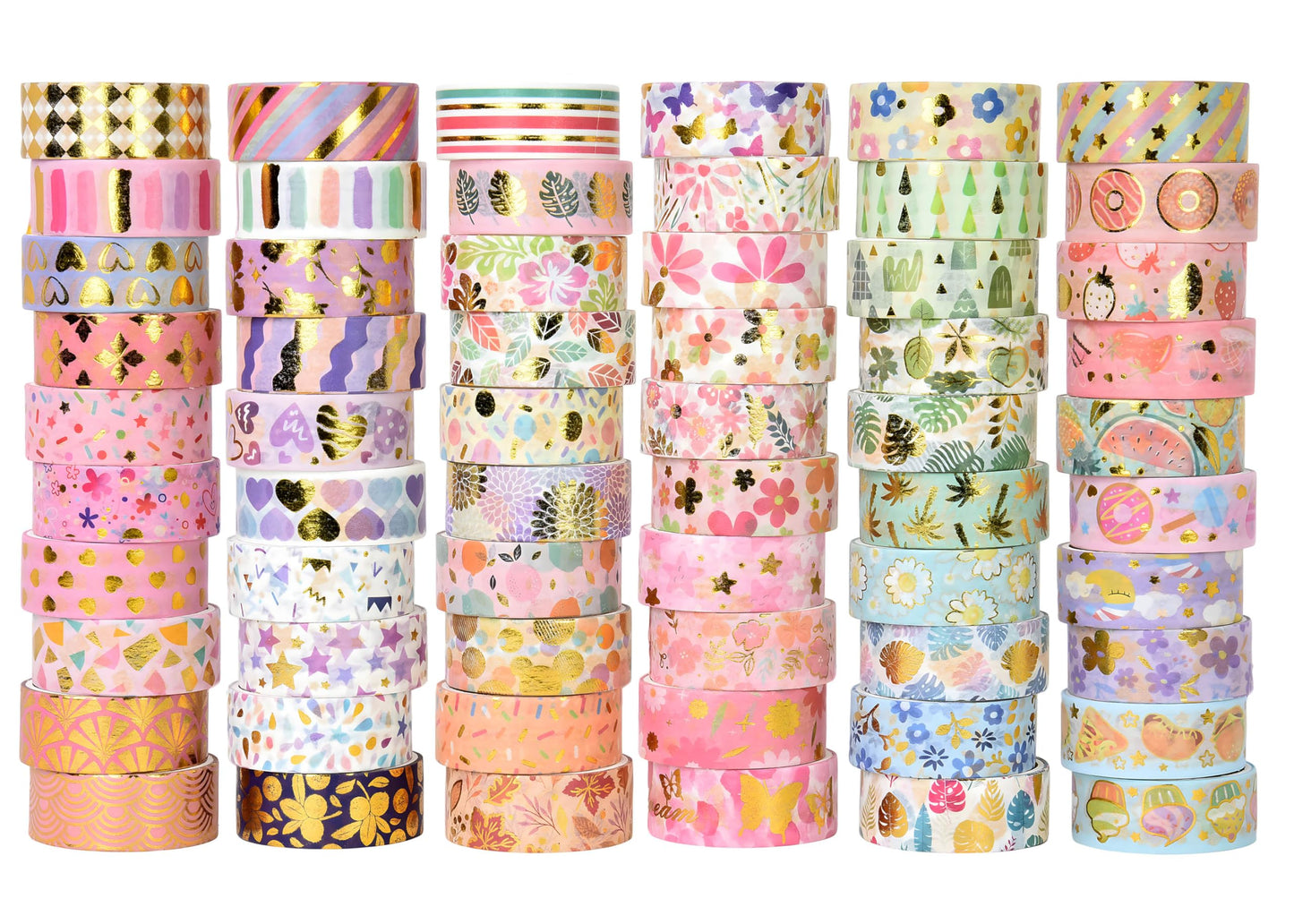 Sifaolp 60 Rolls Washi Tape Set, 15 mm Gold Foil Cute Pattern Floral Decorative for Journaling Supplies