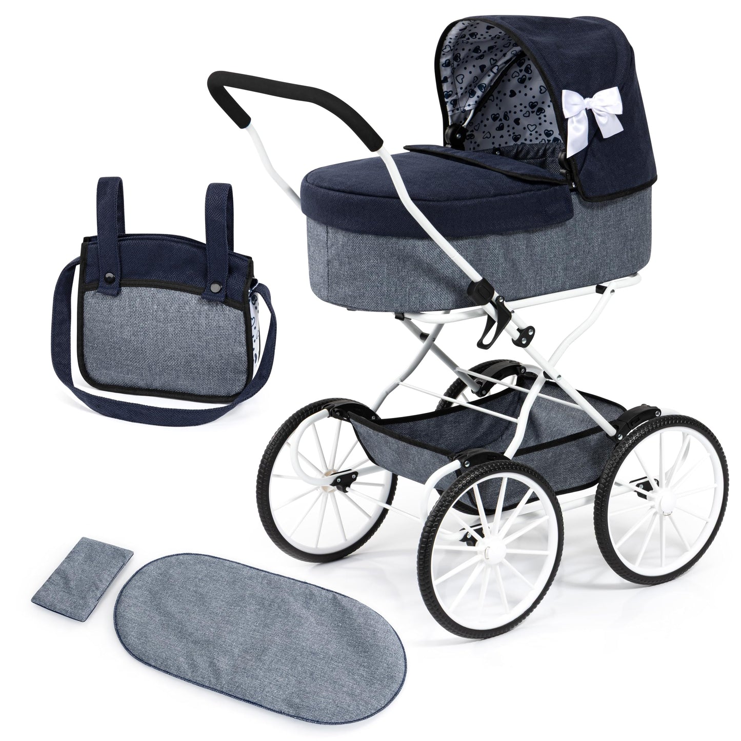 Bayer Design Classic Doll Pram – Navy-Grey-Hearts Stroller, Foldable Carriage with Storage Bag, 18 Inch, Ages 3+