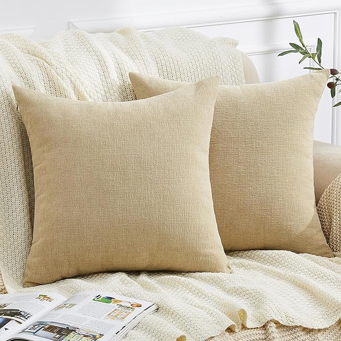 GAWAMAY Decorative Square Throw Pillow Covers 22x22 Inch Set of 2, Super Soft Chenille Pillows Farmhouse Fall Pillowcase for Living Room Bedroom Sofa Couch Cushion Cover Khaki 55x55cm (No Insert)