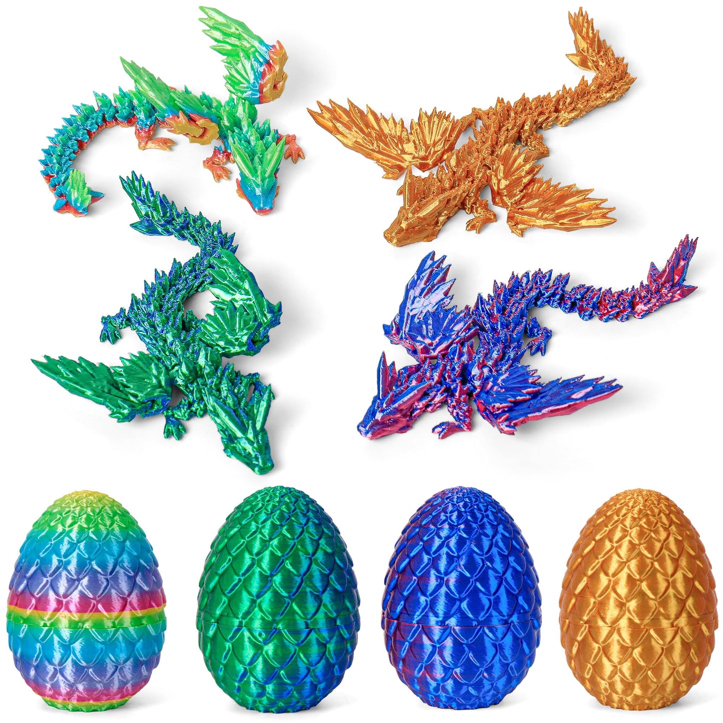 3D Printed Dragon Eggs with Dragon Inside, Easter Mystery Dragon Egg Articulated Crystal Dragon Fidget Toy, Surprise 3D Printed Dragon Egg with Wings Flying Animals Toy Easter Basket Stuffers 4PCS(A)