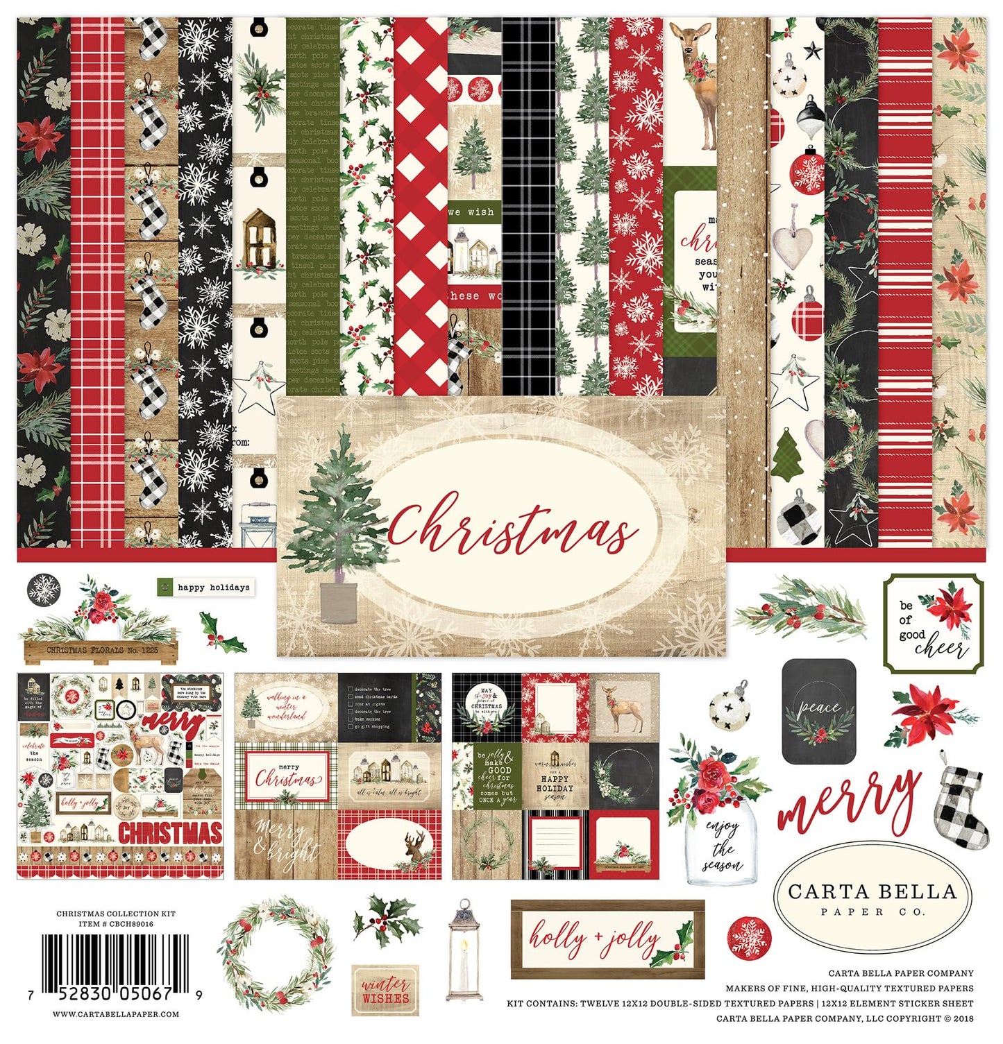 Carta Bella Paper Company Christmas Collection Kit paper, Red/Green/Black/Tan, 12-x-12-Inch