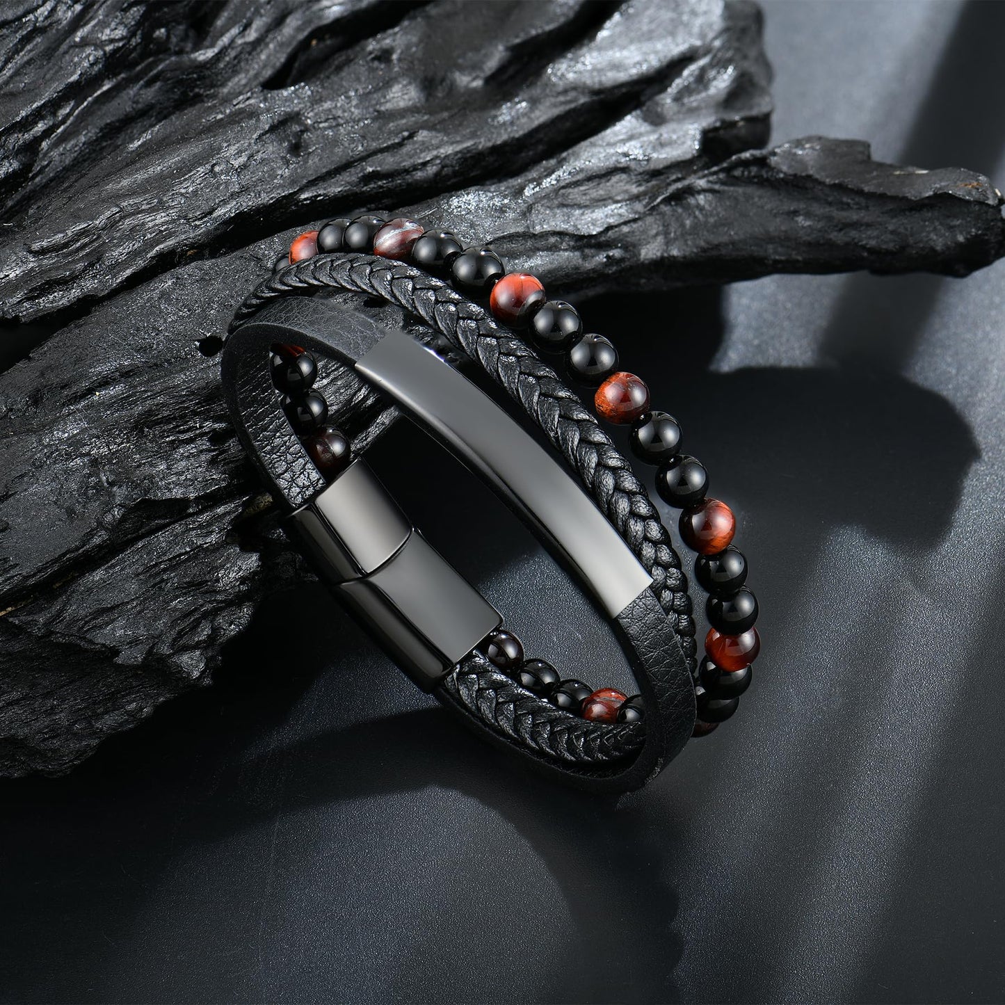 Raymard Mens Tiger Eye Matee Black Onyx Lava Rock Volcanic Stone Beaded Bracelet, Black Braided Leather Bracelet for Men-Matee Black Onyx&Lava Rock