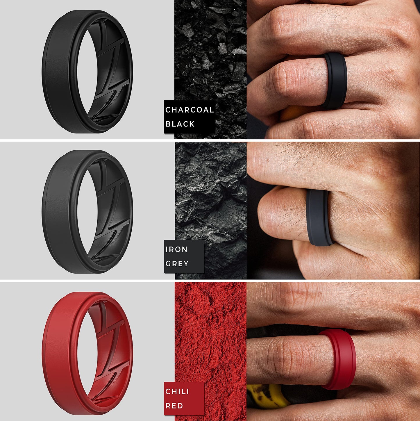 ThunderFit Silicone Wedding Rings for Men Breathable Airflow Inner Grooves, Step Edge Sleek Design Rubber Engagement Bands 8mm Wide 2mm Thick, Variety Multipack 1-7
