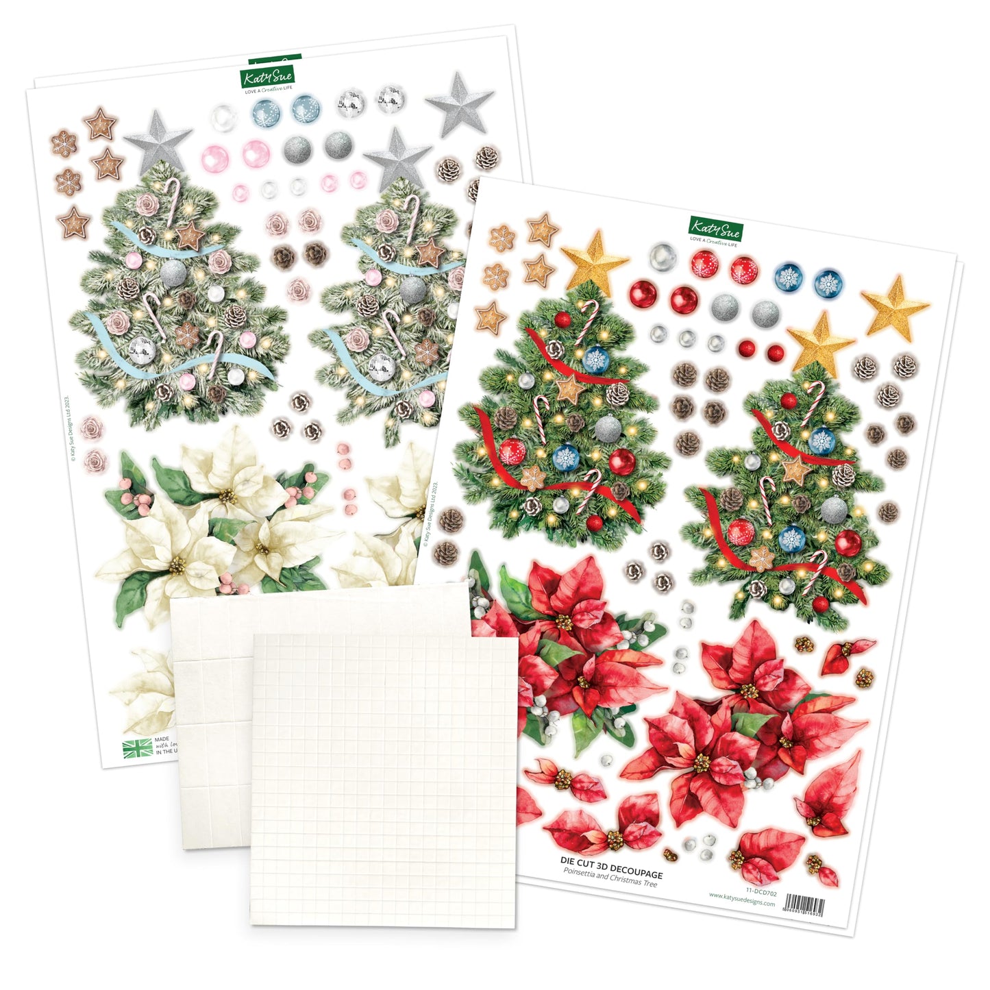 Katy Sue Christmas Flower Pots Card Making Kit. Contains 8 x 300 GSM Cards, Envelopes, 3D Die-Cut Decoupage, Paper Bows, Sticky Foam Pads & 2 Sheets of Christmas Sentiment Banners