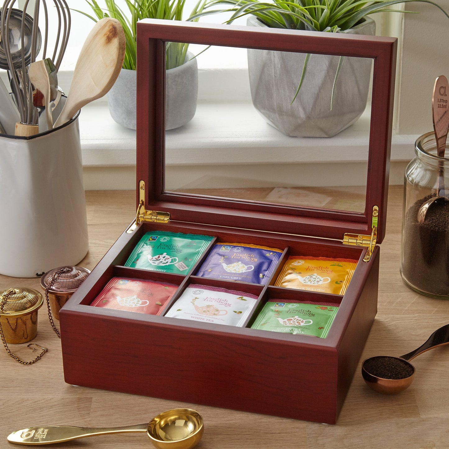 Tea Box - Luxury Wooden Tea Bag Organizer from The Apace Premier Collection - 6 Compartment Tea Storage Chest Container - Elegantly Handmade w/Scratch Resistant Window