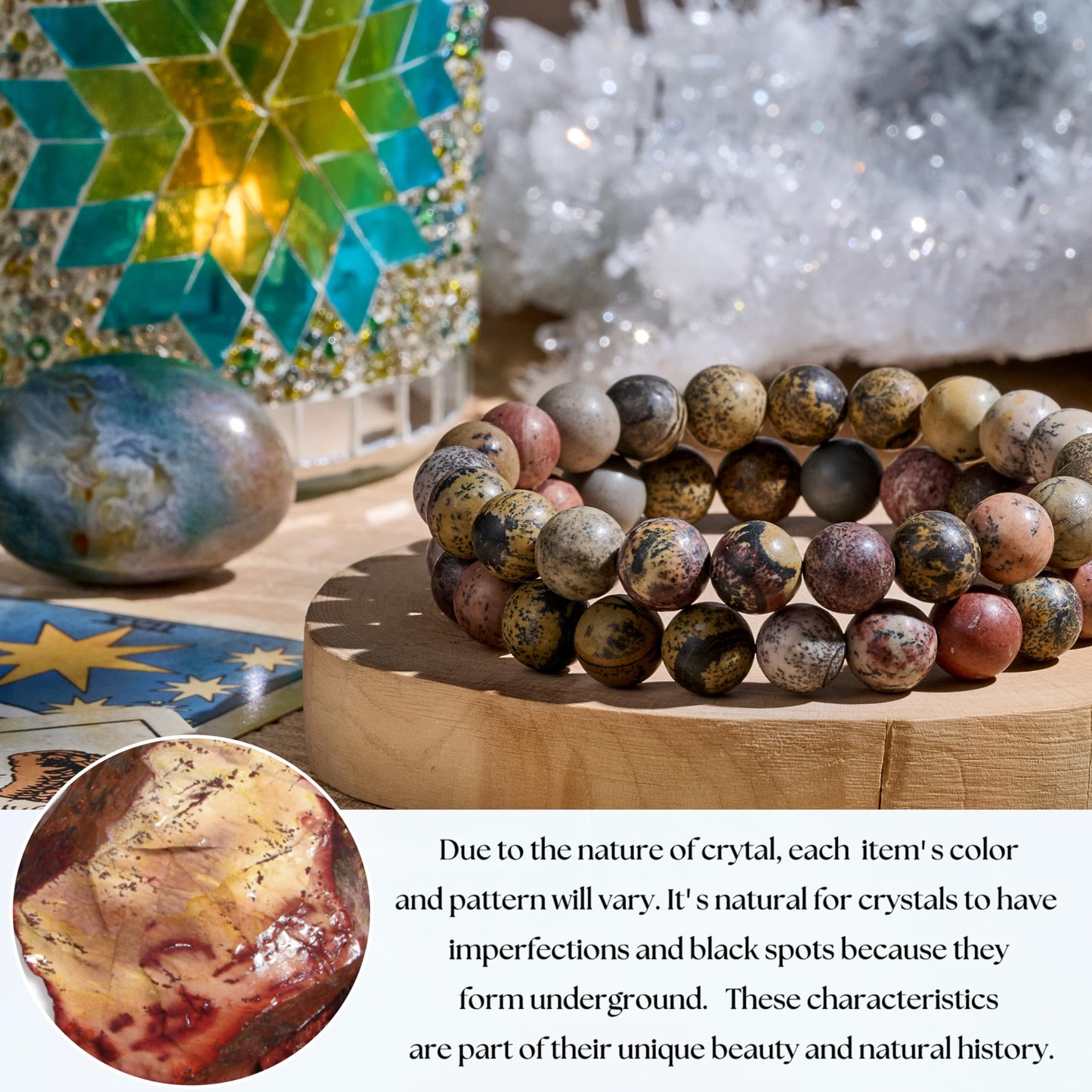 Bivei Natural Gemstone Semi Precious Healing Crystals Handmade Stretchy Round Beads Bracelet, Enhance Positive Energy,Stocking Stuffers for Women(Dendritic Jasper (Stability & Growth)(Large))