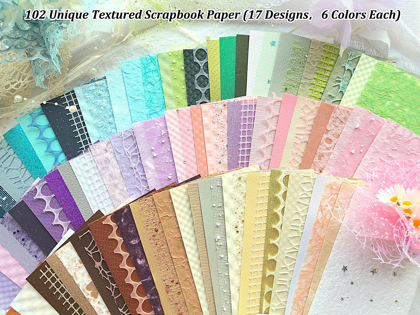 Flartmo 102 Unique Textured Scrapbook Papers and Mesh Fabric Sheets(17 Designs × 6 Colors), Handmade Craft paper for Scrapbooking, Junk Journal, Card Making Supplies, Planner, Collage (5.9" x 3.9")