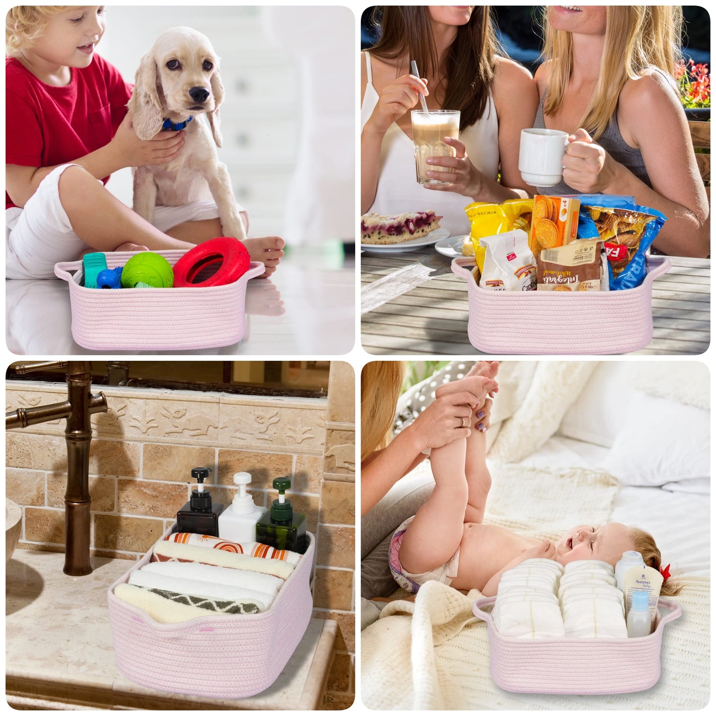 Woven Cotton Rope Storage Basket with Handles for Organizing Shelves Closet Small Cat Dog Pet Toy Baskets Box Bin Decorative Rectangle Baby Nursery basket Gift Basket Empty Light pink