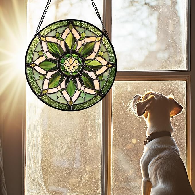Stained Glass Window Hanging - White Green Boho Flower Suncatcher for Doors Window Home Sun Catchers Decor Christmas Mother's Day Birthday Gifts for Teacher Women Men Mom Nana 7.8 in