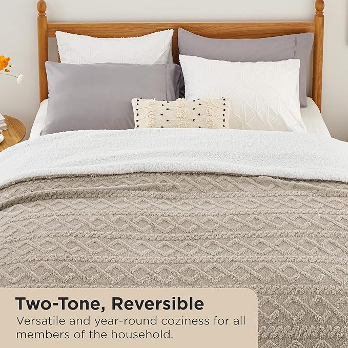 Bedsure Sherpa Queen Size Blanket for Bed - GentleSoft Fleece Fluffy & Cozy Cable Jacquard Tufted for Women Gift, Thick and Warm Blankets for Winter, Beige, 90x90 Inches