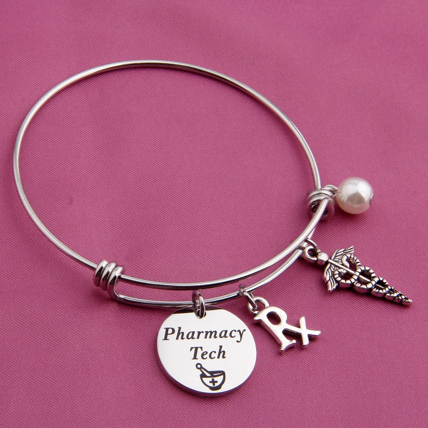 LQRI QIIER Pharmacy Tech Gift Pharmacy Technician Bracelet Expandable Wire Bangle RX Jewelry Gift for Pharmacist (Silver)