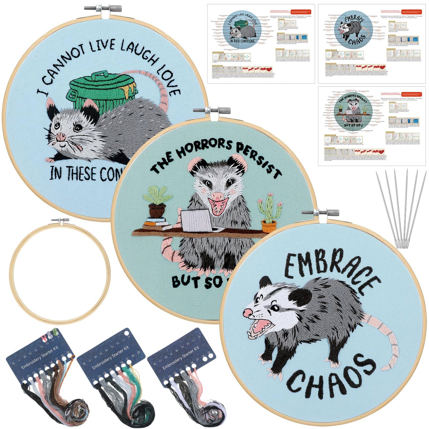 Mindsoft 3 Sets Possum Embroidery Kit with Embroidery Hoop Easy Pattern Needlepoint Kit for Beginners and Adults Hand Crafts Needlepoint Set with Needles Thread and Instruction