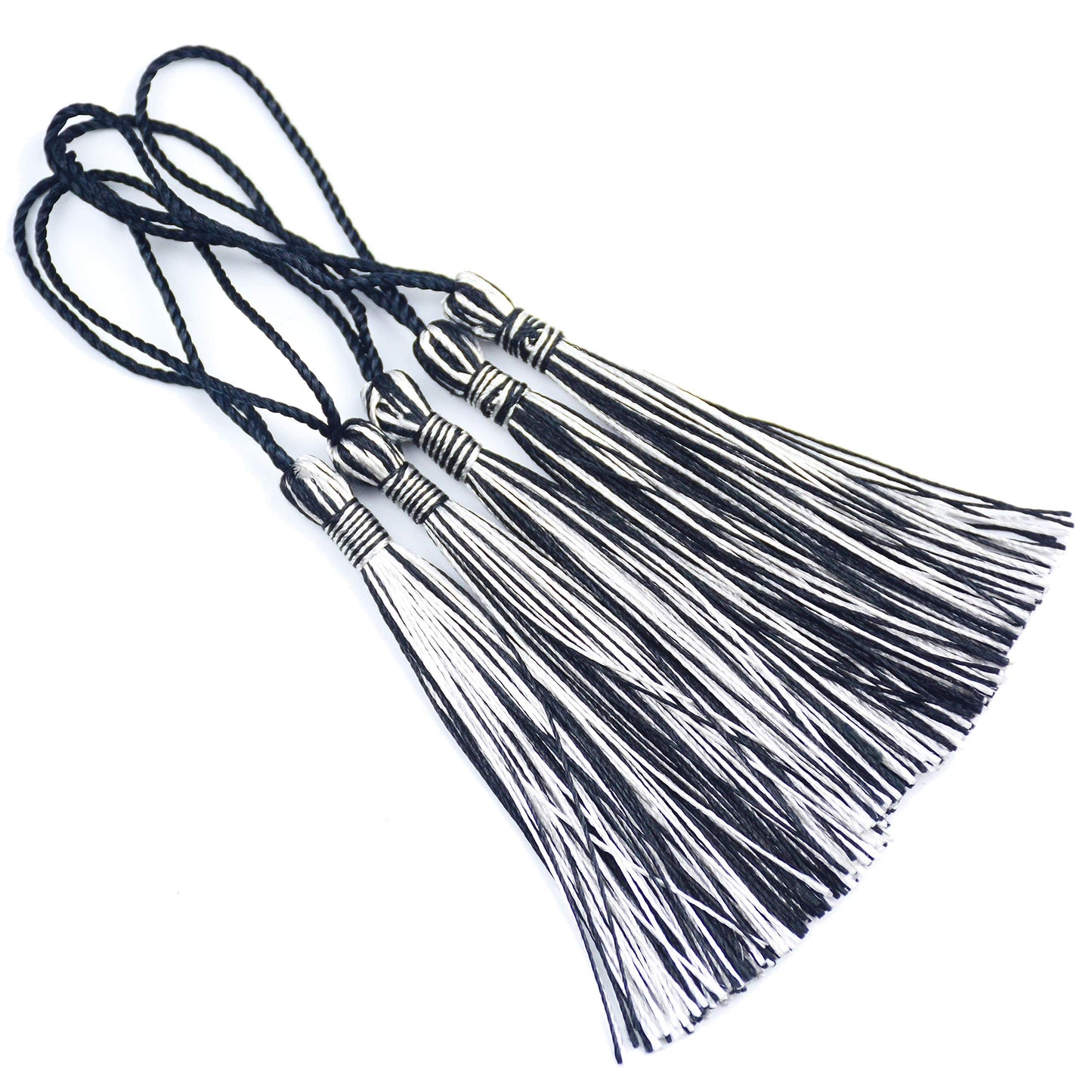 100pcs 13cm/5 Inch Silky Floss Bookmark Tassels with 2-Inch Cord Loop and Small Chinese Knot for Jewelry Making, Souvenir, Bookmarks, DIY Craft Accessory (Black&Silver)