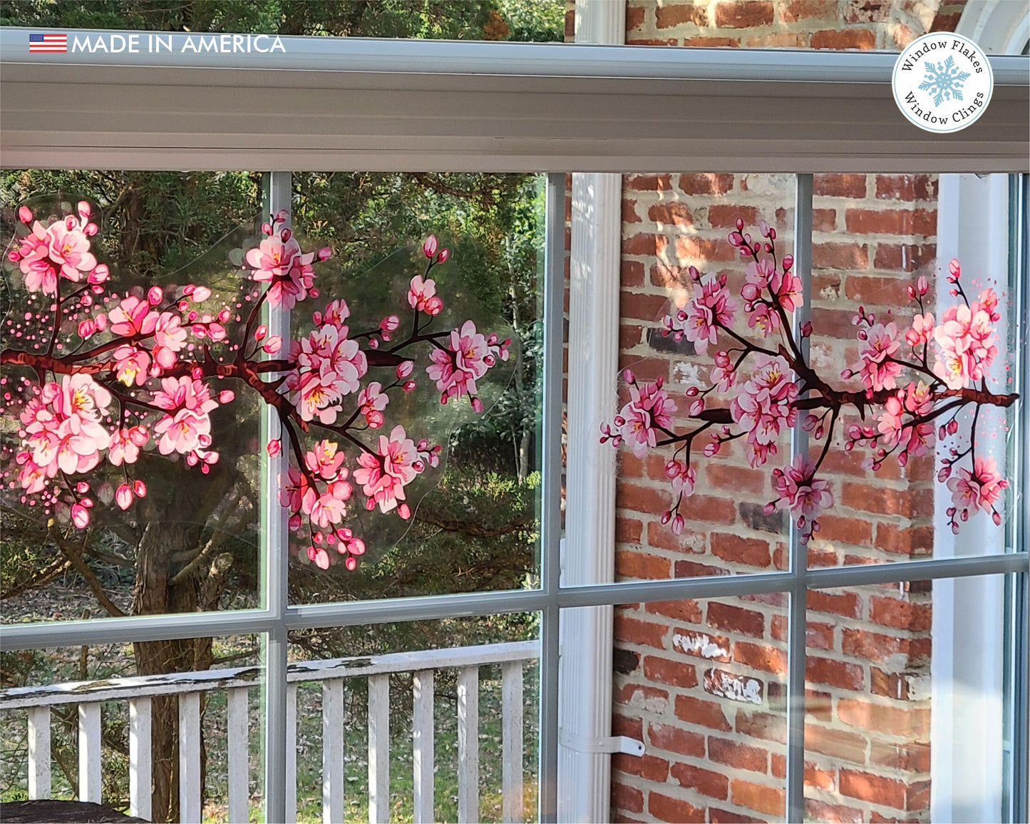 Window Flakes Cherry Blossom Window Clings - 2 Large 40" x 12" Spring Floral Border Decals - Double Sided UV Print Static Cling for Glass - Bird Strike Prevention Sakura Branch Decor - Made in USA